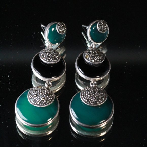 STERLING SILVER DECO ONYX CHALCEDONY LONG EARRINGS - Picture 4 of 12